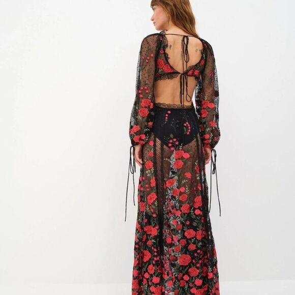 FOR LOVE & LEMONS Araceli Maxi Dress In Red Embroidered Floral NWT - Picture 3 of 12